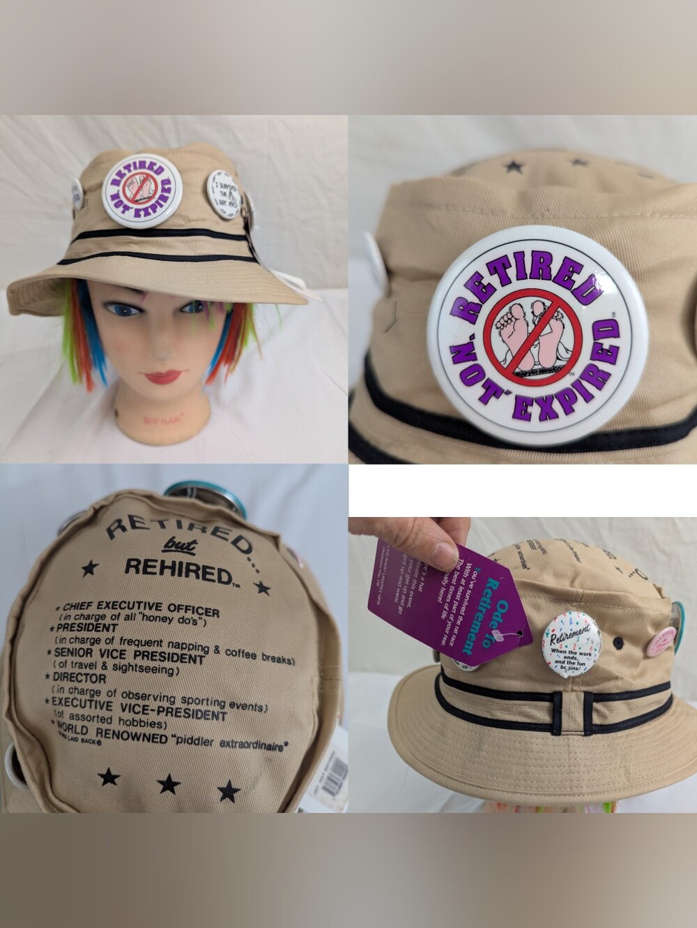 Retired Not Expired Beige Bucket Hat with Fun Retirement Pins